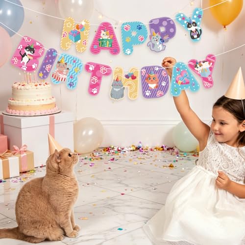 Image of Hooqict Happy Birthday Banner Cat Birthday Decorations Colorful Party Banner Garland Sign for Kids Girls Boys 1st 2nd 3rd Funny Cat Themed Birthday Party Decorations Supplies
