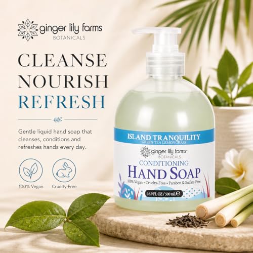 Image of Ginger Lily Farms Botanicals Conditioning Liquid Hand Soap, Island Tranquility, 100% Vegan & Cruelty-Free, Green Tea Lemongrass Scent, 16.9 Fl Oz