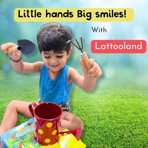 Lattooland Gardening Tools For Kids | 2 Wooden Tools | 1 Child-Size Metal Water Sprinkler Can