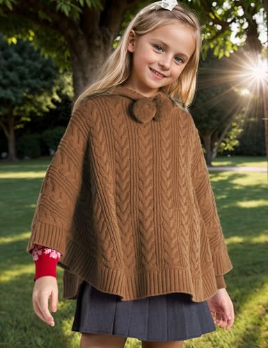 Image of BOBOYOYO Cape for Girls Hooded Cable Knit Poncho Sweaters Kids Shawl