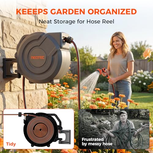 Upgraded Retractable Garden Hose Reel 5/8 inch x 100 ft 9 Pattern Nozzle Wall-Mounted Any Length Lock Automatic Slow Return 180 Swivel UV Resistant Heavy Duty Hose Reels for Outside