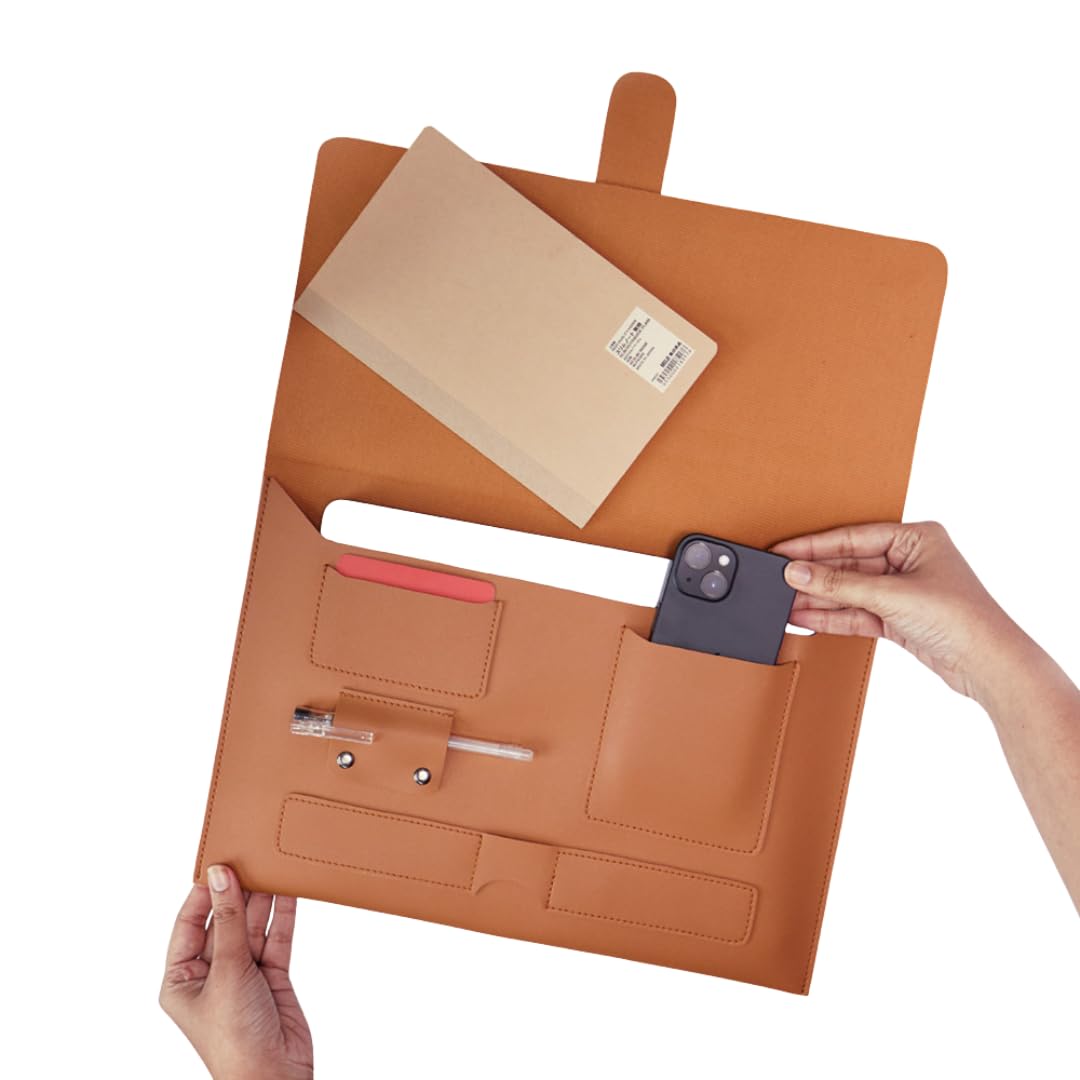 HANA (하나) Laptop Sleeve & Organizer | Premium Vegan Leather | Fits 13″, 13.3″ & 14″ Laptops (Up to 14″) | Built-in Organizer for Phone, Watch, Credit Cards (Tan)