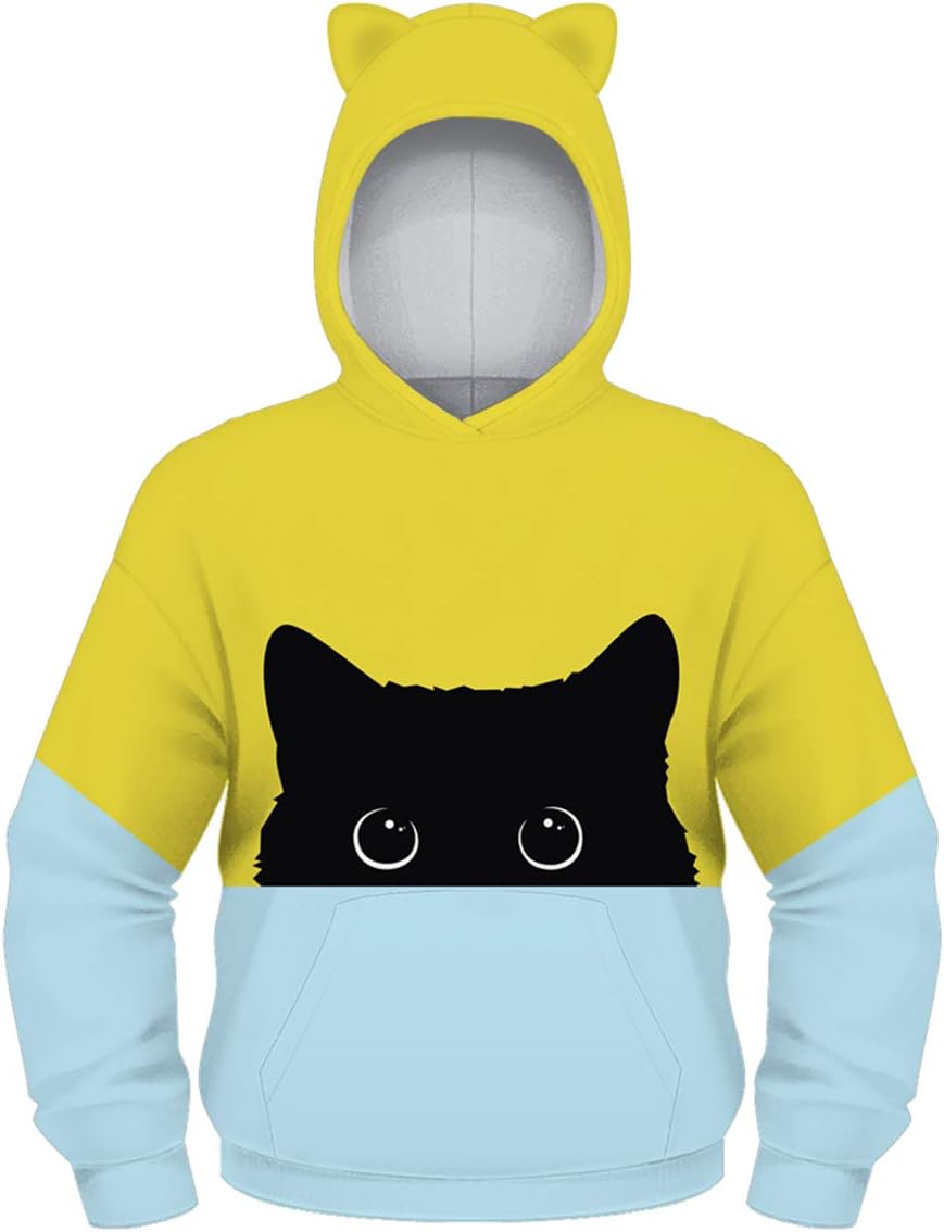 Ocean PlusBoy's Hoody with Cat Ears Long Sleeve with Digital Printing Kids Animal Print Sweatshirt Kitten Pullover