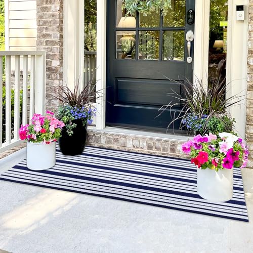 Bazasa Front Door Mat Outdoor Indoor Rugs Blue and White