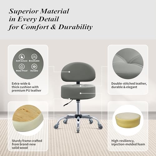Image of Ergonomic Drafting Stool with Backrest Heavy Duty Hydraulic for Shop | Adjustable Height Rolling Stool Chair for Standing Desk, Salon, Tattoo, Kitchen, Home Office
