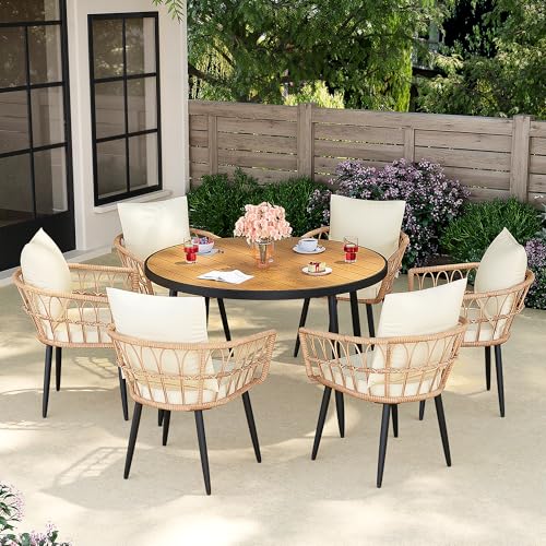 Pamapic 7 Pieces Outdoor Dining Set,All-Weather PE Rattan Patio Dining Sets with Wood Table Top, Outdoor Table and Chairs for 6 with Removable Cushion for Lawn Garden Patio, Cream - Thumbnail 4