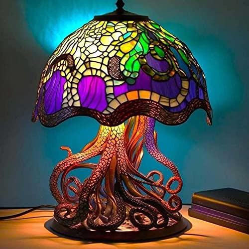 ATSBAY Painting Glass Mushroom Table Lamp, 5.9 Inch Hight Stained Glass Plant Series Night Light, Bohemian Resin Mushroom Decorative Bedside Lamp for Bedroom Living Room Home Office Decor Gift E
