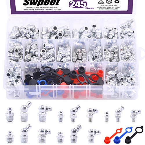 Swpeet 246Pcs SAE & Metric Grease Nipple Assortment Kit, Hydraulic Grease Fittings Standard with Plastic Grease Fitting Cap â€“ 1/4