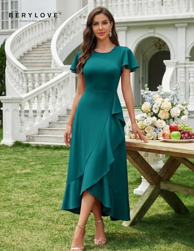 Image of BeryLove Women Formal Party Dress Flutter Short Sleeve Wedding Cocktail Long Evening Dress