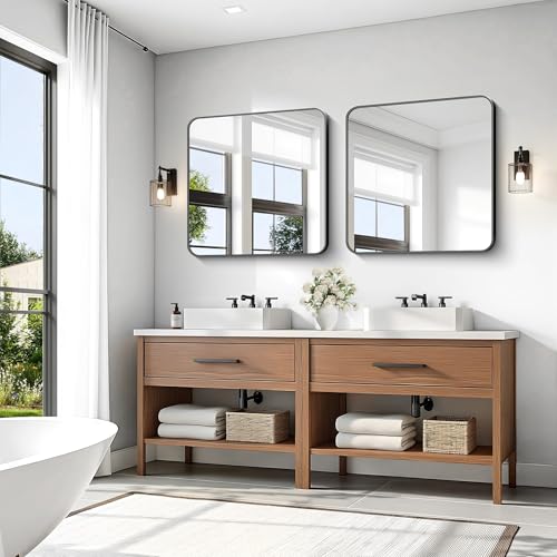 Image of KOCUUY Bathroom Mirror 30 inchx30 inch, Black Square Mirrors for Over Sink, Modern Vanity Mirror with Rounded Corner Metal Frame, Shatterproof Designed Wall Mirror for Bedroom, Living Room, Entryway