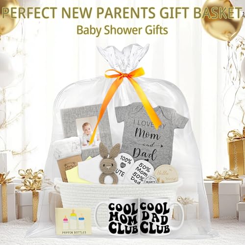 Image of New Parents Gifts for Couples,Newborn Gifts Basket For Gender Reveal & Baby Shower with First Time New Mom and Dad to Be Mugs Set,Woven Gifts Basket For Expecting Parents to Be,New Mom Gift