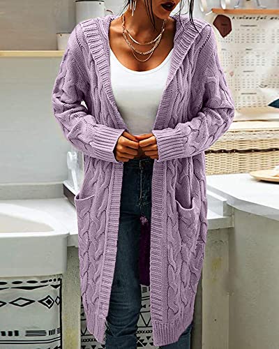 Image of Bwogeeya Women Hooded Open Front Cardigan Cable Knit Sweaters Solid Color Chunky Long Sweater Coats Light Purple