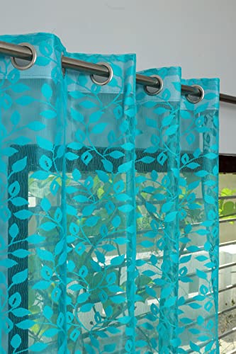 Image of Leaves Design Semi Transparent Window Curtain 7 feet Long Set of 3 pcs Drawing Room Parde | Pooja Room Curtain Panel | Sheer Curtain, Firozi Color
