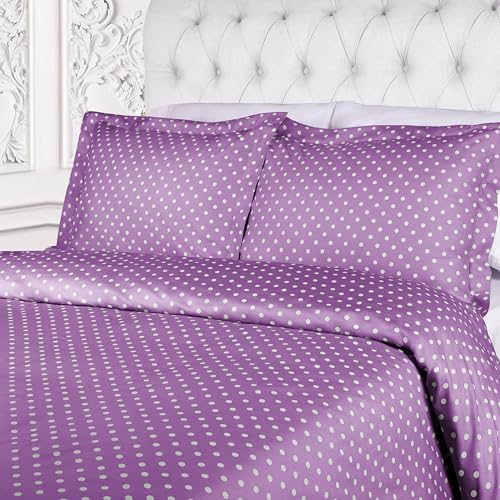 Superior Polka Dot Cotton Blend 600 Thread Count Duvet Cover Set, Oversized Comforter Cover, Retro Bedding Essentials, Button Closure, Includes 1 Duvet Cover, 2 Pillow Shams, Full/Queen, Lilac