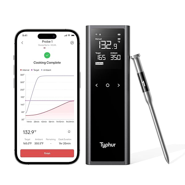 Typhur Sync One Gen 2 Smart Wireless Meat Thermometer with 6 Probes : Standalone Base with LCD Display, Unlimited WiFi & Bluetooth Range, ±0.5℉ Accuracy, Enhanced Signal Stability for BBQ, Grill, Oven