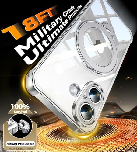 Image of Soft Case for iPhone 16 with 360 Rotating Magnetic Stand, Compatible with Mag-Safe, 4X MIL-Drop Protection, Lightweight Glossy Anti-Yellowing Clear Back Phone Cover for iPhone 16, Silver