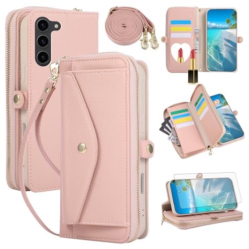 Étui pour Samsung S23 Plus avec fermeture éclair et bandoulière rose Asuwish