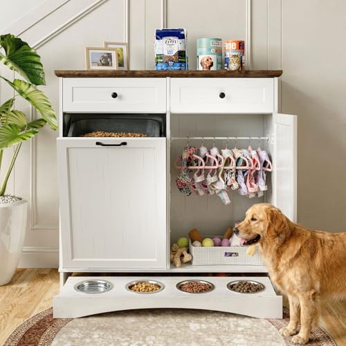FIMELLO 39.7W Dual Doors Dog Food Storage Cabinet Tilt-Out Dog Feeding Station with 4 Feeding Bowls Pet Feeder Cabinet White Grain