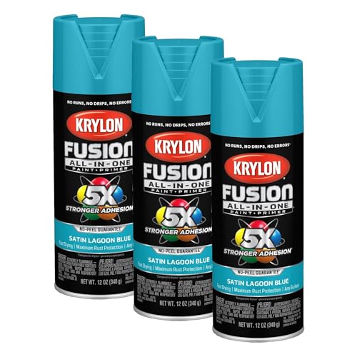 Image of Krylon K02741007 Fusion All-In-One Spray Paint for Indoor /Outdoor Use, Satin Lagoon Blue, 12 Ounce (Pack of 3)