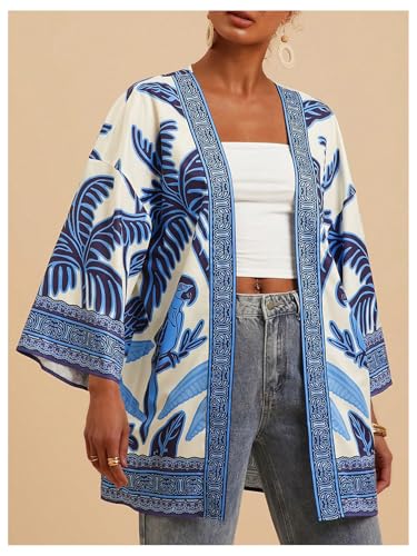 Floerns Women's Tropical Print Kimono Cover Up Open Front Long Sleeve Blouse Top2
