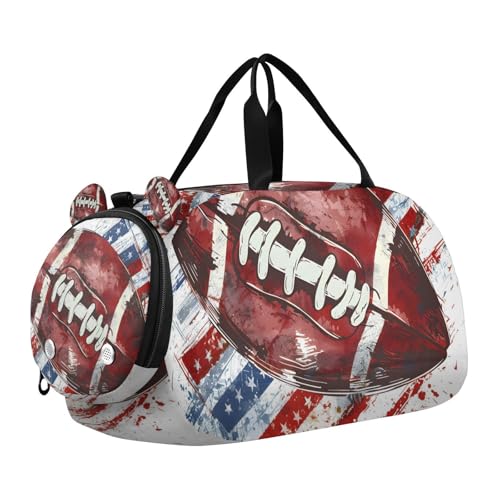 Gym Travel Duffle Bag for Boys Girls Red Blue Flag Football Rustic Sports Dance Bag with Shoe Compartment & Wet Pocket Football Kids Travel Bag Teens Sleepover Carry