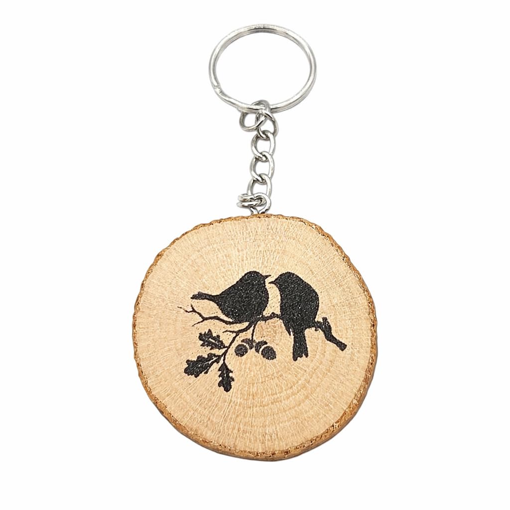 Promotech Love Birds Wooden Keychain – Handcrafted Laser-Engraved Oak Keyring with Two Birds on Branch – Romantic Couple Gift, Unique Nature-Inspired Accessory