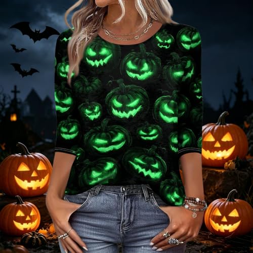 Image of Women Spooky Halloween Graphic Shirt 3 /4 Length Sleeve Crewneck Top | Halloween Funny Printed Pumpkin Plus Size Tshirts 2026 Fall Outfits Skeleton Tee Going Out Tops