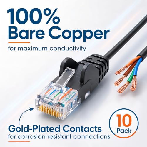 Image of Intellinet Cat6 Slim UTP Ethernet Patch Cable 10-Pack, 3 ft, Black | 10G 250 MHz pure copper thin cord with 30 AWG stranded wire, gold contacts, snag-free boot, PoE and rack use, resealable bag