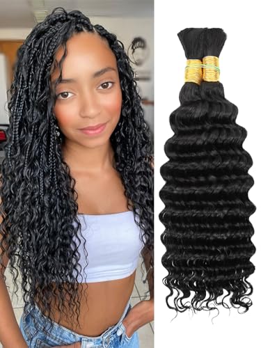 1B Black Human Braiding Hair Deep Wave Bulk,No Weft Curly Hair Extensions for Boho Braids Wet and Wavy Braiding Human Hair Bundles(16inch,1B,100g)