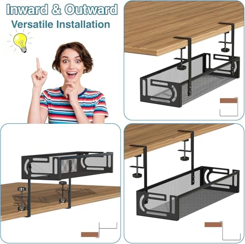 Image of ABJA Under Desk Cable Management Tray, Wire Organiser for Table, Cable Organiser for Desk, No Drill Metal Mesh Tray with Clamps, Includes Ties & Cable Clips for Home /Office (Black 1, 39 x 12 x 7 cm)