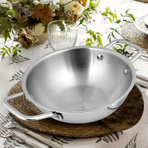 Image of HORNBILLS Triply Stainless Steel Kadai /Kadhai Without Lid - 3.2 L, 26 cm | 2.5mm Thick Base, Even Heating No Hotspot, Less Oil Healthy Cooking, Heavy Bottom Induction Cookware Kadhai for Cooking