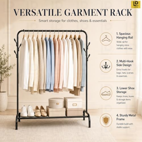 Image of LEOPAX Metal Clothes Rack for Hanging Clothes, Garment Rack with Bottom Shelf, Freestanding Portable Wardrobe Organizer for Bedroom, Laundry Room, Entryway, Clothes, Coats, Shoes & Bags, Black