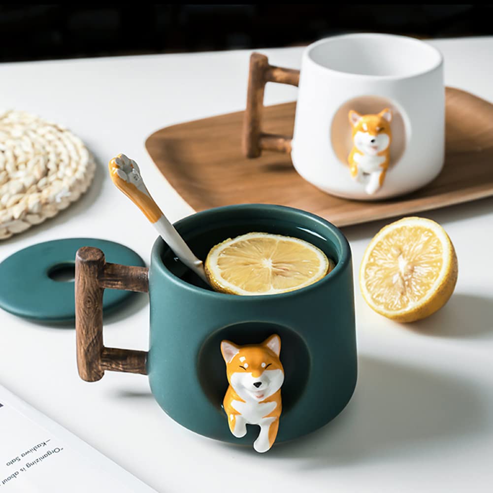 420 ml nowe ceramiczne urocze kubki do kawy, 14 uncji kubek do herbaty Shiba Inu kubek biurowy uroczy kubek do mleka z motywem psów 4D z łyżeczką w pokrywce, prezent dla rodziny i przyjaciół w biurze