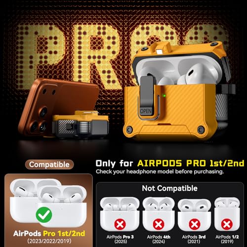 Image of Inesore for AirPods AirPods Pro 1st /2nd Case with Secure Lock (Yellow) | Phone Stand Design,Compatible with MagSafe,Automatic Snap Switch Secure Cover Carbon Fiber Texture with Cleaner Kit