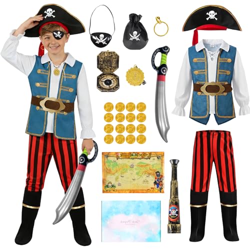 YYDSXK Disfraz Pirata Niño, Vestido Pirata con Espada, Sombrero y Accesorios Piratas, Disfraces Cosplay Piratas para Carnaval, Disfraz de Pirat para Halloween Cosplay Fiesta (120)