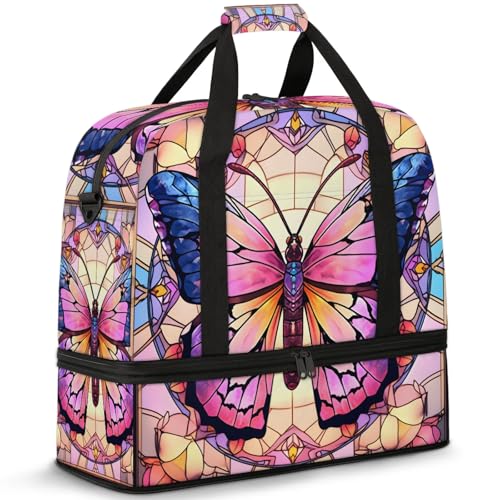 Large Weekender Overnight Bags Colorful Abstract Glass Butterfly Travel Duffel Bag for Women Men Gym Bag With Shoe Compartment Foldie Travel Tote Bag Carry On Personal Item Bag for Travel Gym Sports