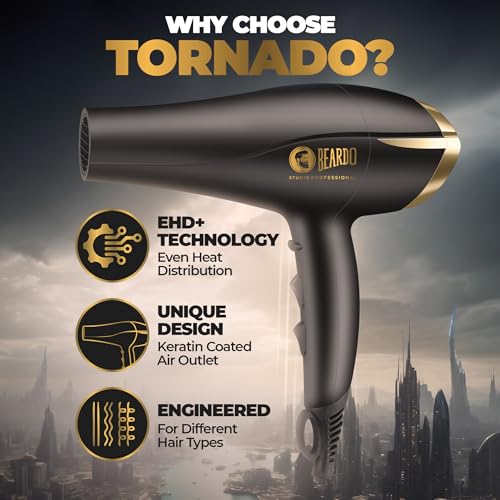 Image of BEARDO Studio Professional Tornado Hair Dryer With 2000 Watts Power|Ac Motor, Concentrator, Diffuser, 2 Speeds, 3 Temperature Settings & Cool Shot Feature|For Professional Drying Experience|Black
