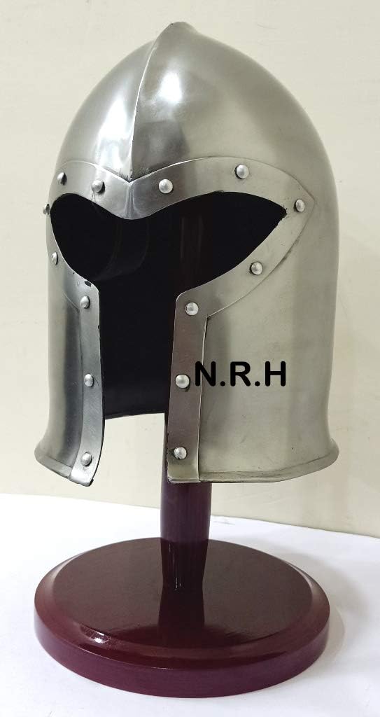 Medieval Barbuta Helmet Knights Silver Crusader Armour Halloween Helmet (Steel) with Wooden Stand