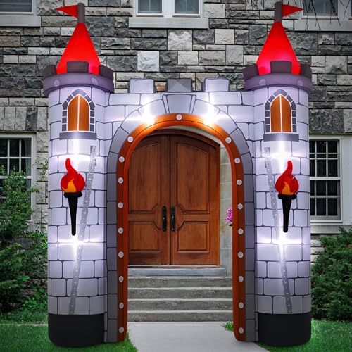 Sotiff Decoración de arco inflable medieval de 10 pies, castillo medieval para decoración al aire libre con soplador de luz LED integrado para interiores y exteriores, patio, fiesta, vacaciones
