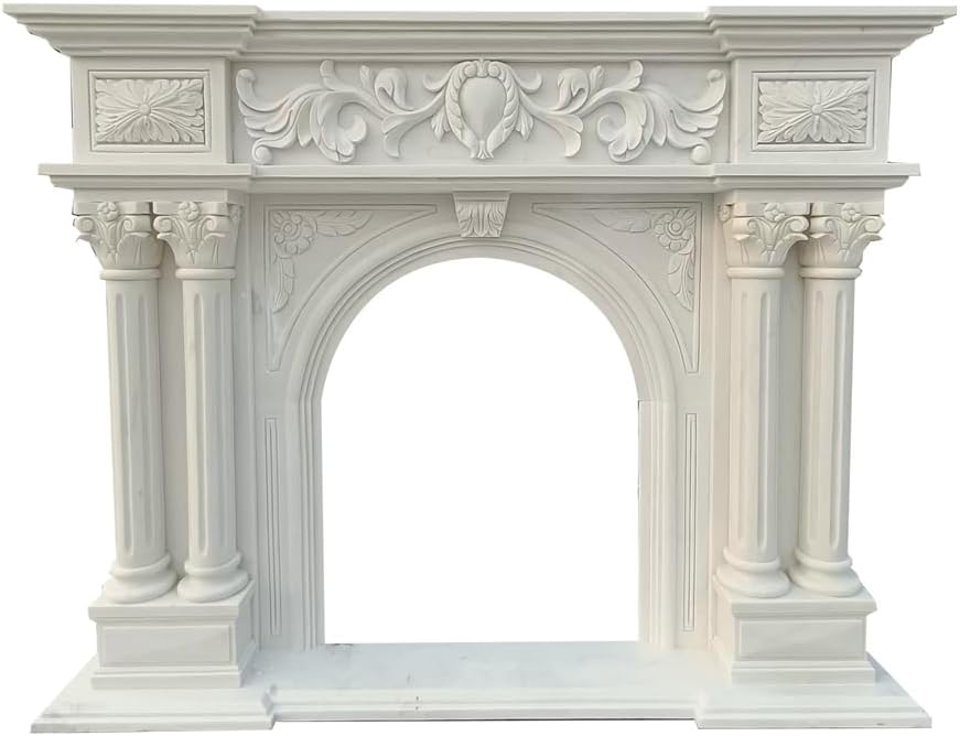 (can be customized size) 59 Inch x 47.2 Inch marble Fireplace Mantel Surround Kit with Shelf and Trim，Italian flower stone,Natural stone Roman pillar, marble mantel，Villa living room carved mantel