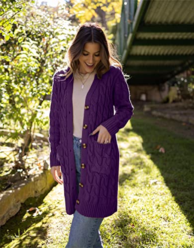 Image of PRETTYGARDEN Long Sleeve Cable Knit Long Cardigan for Women 2026 Spring Winter Chunky Open Front Button Sweaters with Pockets
