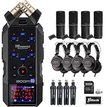 Zoom H6essential 6-Track 32-Bit Float Portable Audio Recorder Bundle with 4-Pack Zoom ZDM-1 Podcast Mic Pack, 32GB Ultra UHS-I microSDHC Memory Card, and Kellards Cleaning Pack