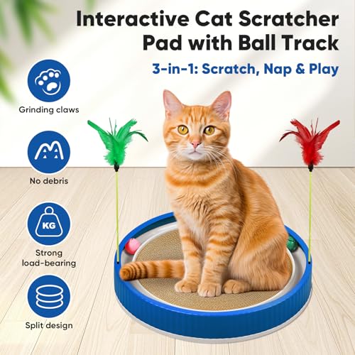 20-Inch Round Cat Scratcher with Ball Track – 3-in-1 Cardboard Scratching Pad with Feather Toy & Non-Slip Base – Interactive Cat Toy for Indoor Cats, Kittens & Large Cats (Blue)