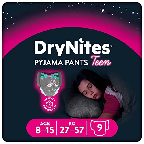 Huggies Pantalones de pijama DryNites para niñas, ropa de dormir para niños de 8 a 15 años (9 unidades)