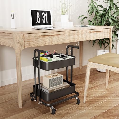 Image of DTK 2 Tier Foldable Rolling Cart, Metal Utility Cart with Lockable Wheels, Folding Storage Trolley for Living Room, Kitchen, Bathroom, Bedroom and Office, Black