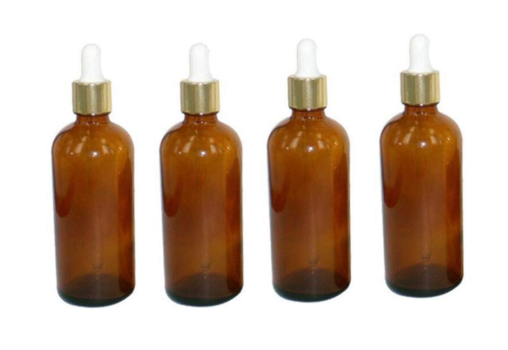 SYBL 100Ml/3.4Oz, Amber: 4Pcs Empty Refillable Essential Oil Dropper Bottles Portable Makeup Cosmetic Sample Container Vial Jars with Glass Eye Dropper and White Rubber Cap(Amber-100M