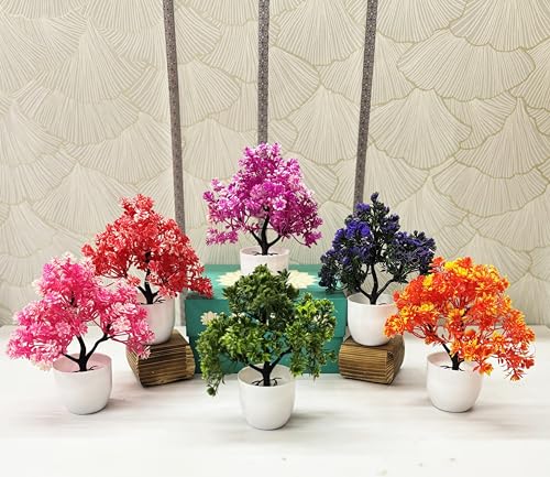 Image of Dekorly Artificial Flower Plants Set of 6 with Pots | Vibrant Color Faux Flower Bonsai for Home Office Table Desk Shelf Decoration (Height : 18CM, Round Pot, Multi-B)