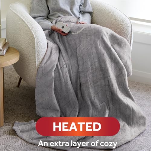 Image of Sunbeam Heated Throw Blanket Flannel Sherpa Reverse 4 Heat Dove Gray 50x60