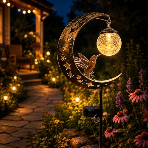 MOYEE Hummingbird Solar Garden Stake Light, Moon Outdoor Solar Lights with Crackle Glass Globe, Metal Crescent Moon Yard Decor, Waterproof Solar Pathway Light for Garden Patio Lawn Flower Bed - image 1