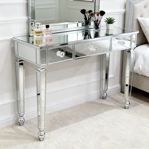 Mirrored Glass Bedside Table with Drawers for Bedroom Mirrored Vanity Desk for Home Office Writing Desk (3 Drawers - 42x15x30)